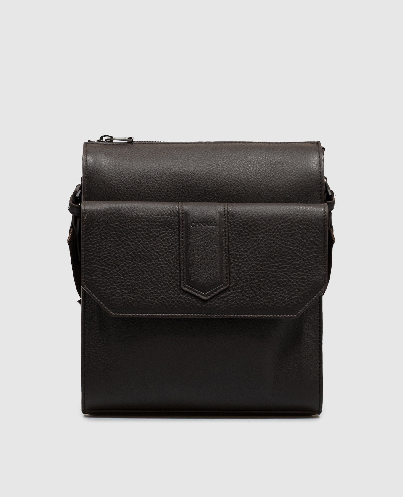 Brown leather bag with embossed logo