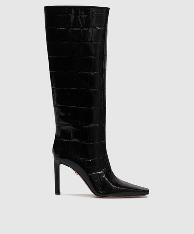 Black glossy leather boots with crocodile embossed pattern