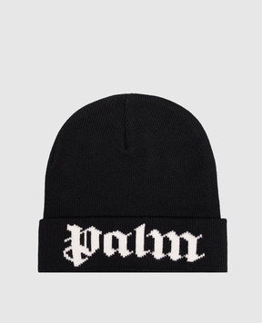 Palm Angels Children's black hat with contrasting logo pattern F6PAJBHT227