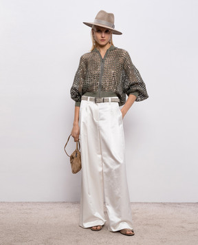 Brunello Cucinelli Khaki openwork cardigan made of silk and linen with sequins MCBR11806