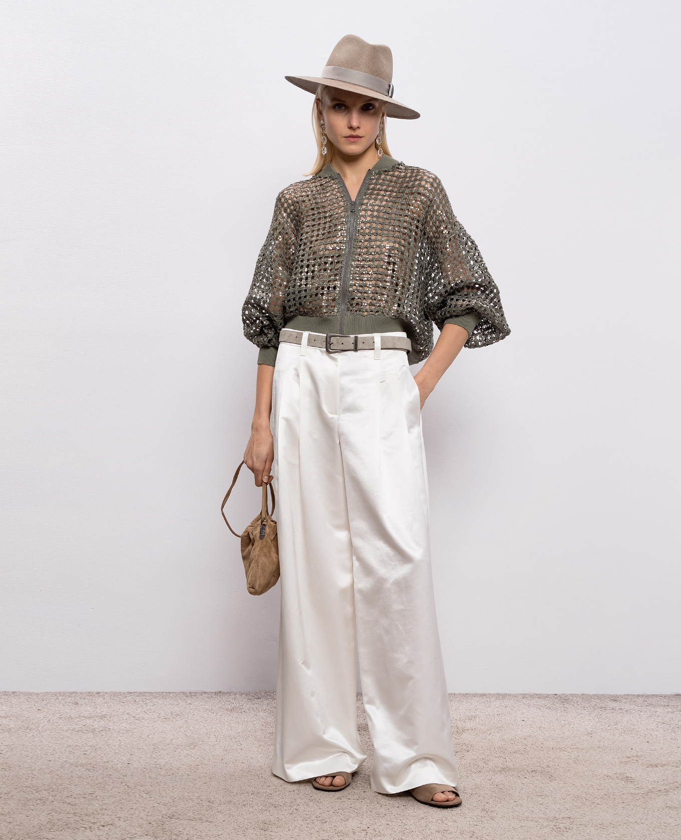 

Khaki openwork cardigan made of silk and linen with sequins Brunello Cucinelli