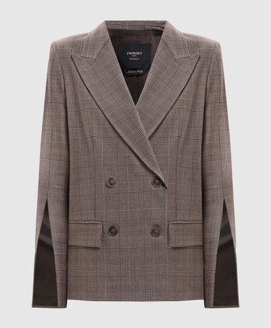 Brown double-breasted checked wool jacket