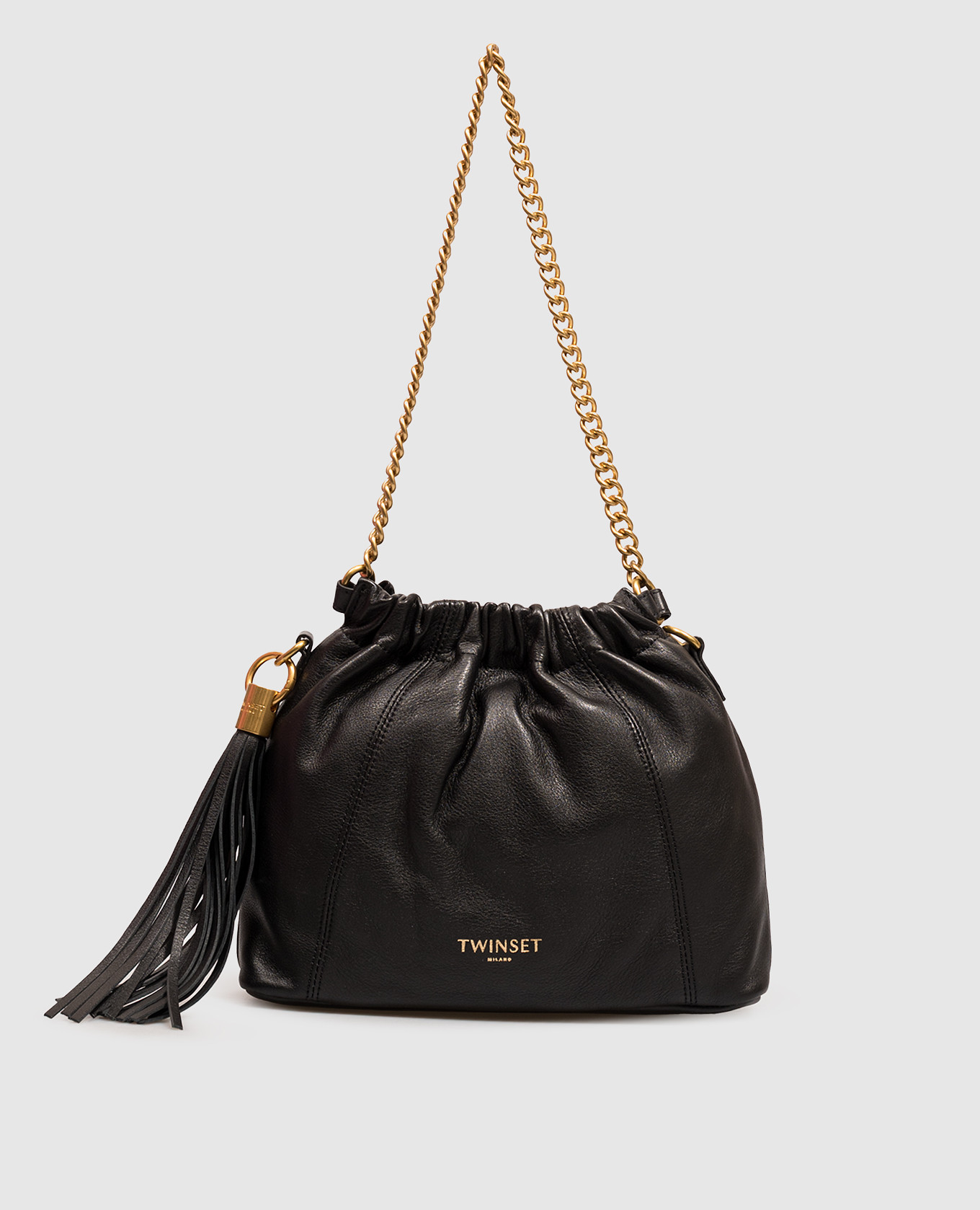 Black leather bag with embossed logo