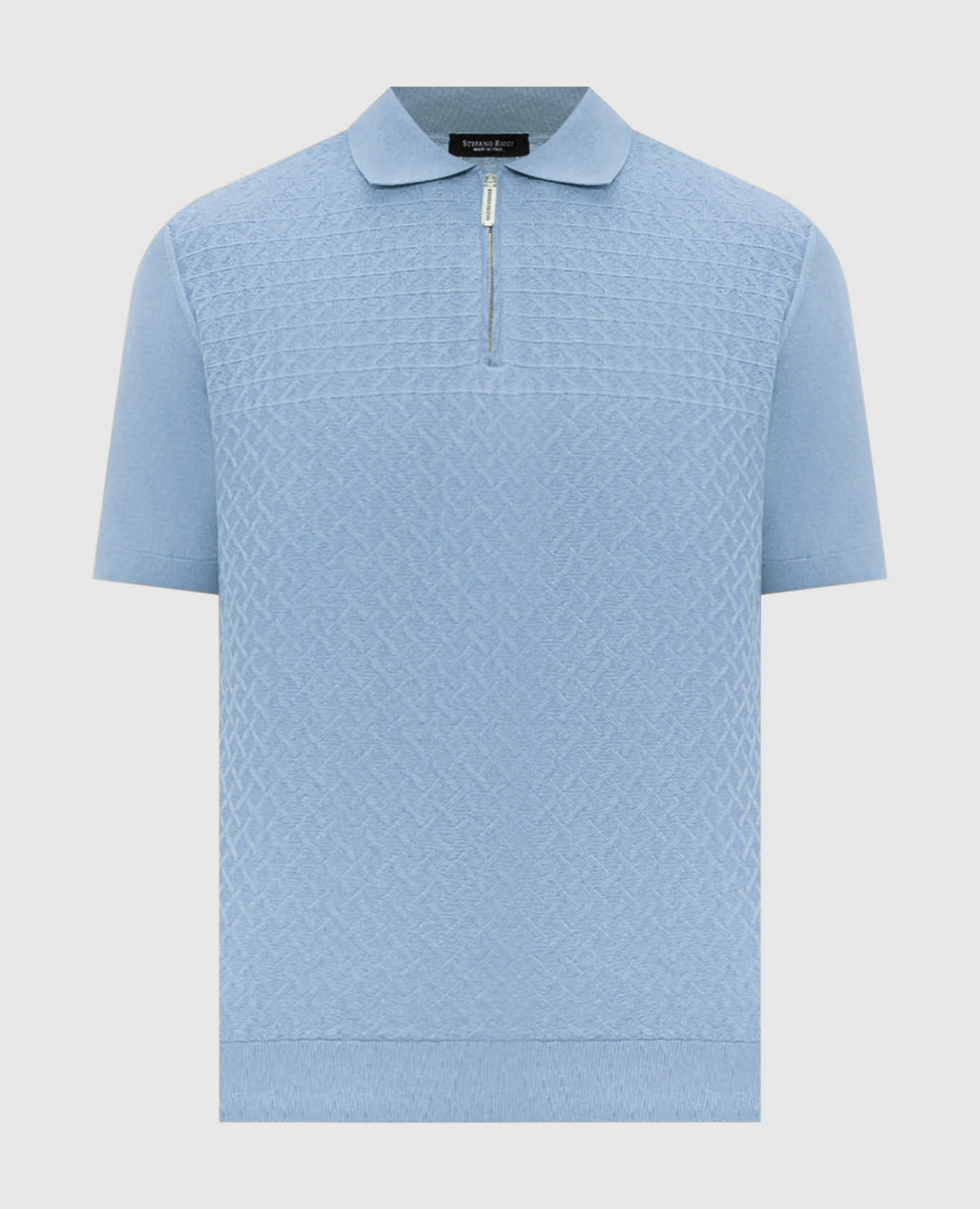 Blue polo shirt with woven pattern