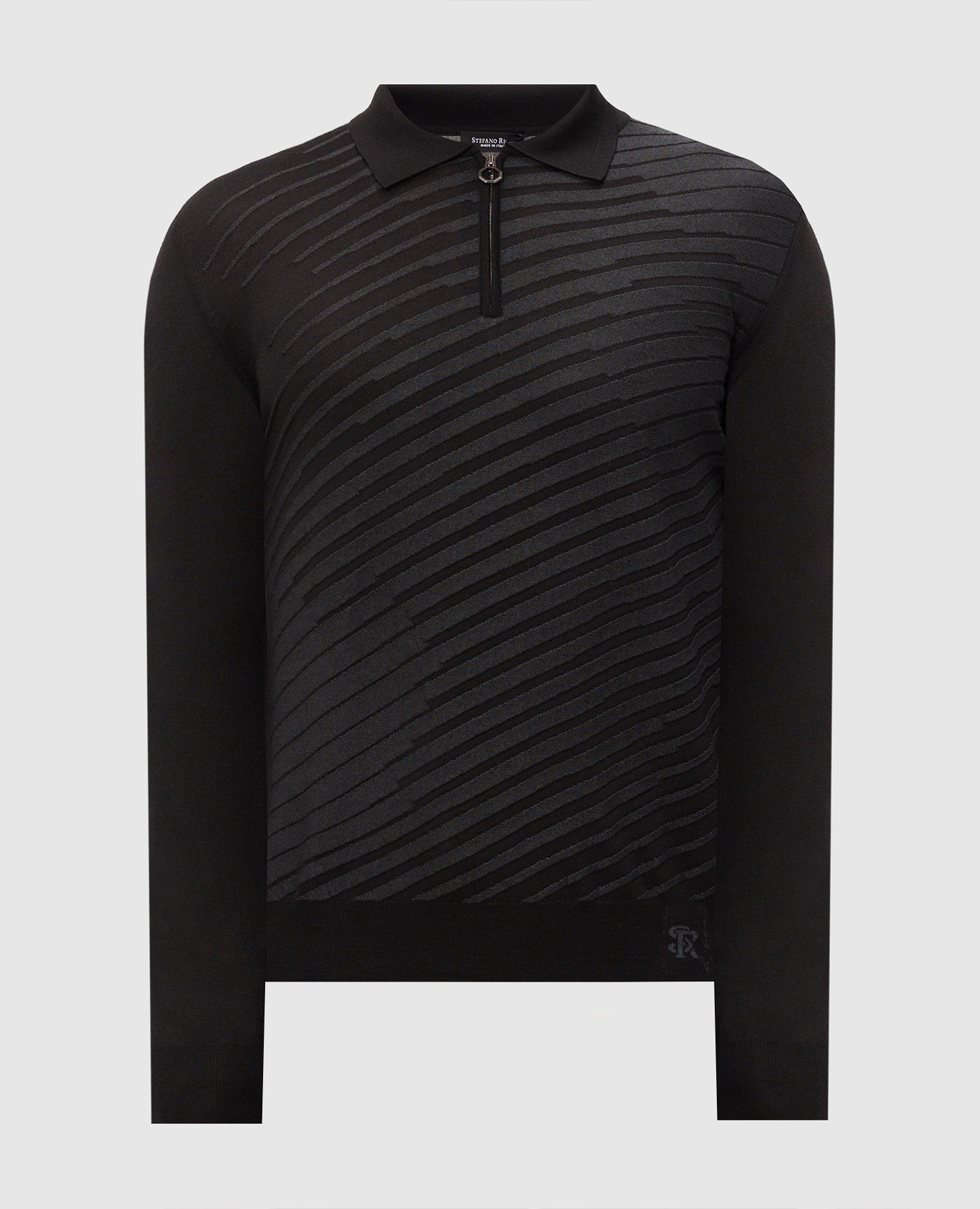 Black striped wool, silk and cashmere polo shirt
