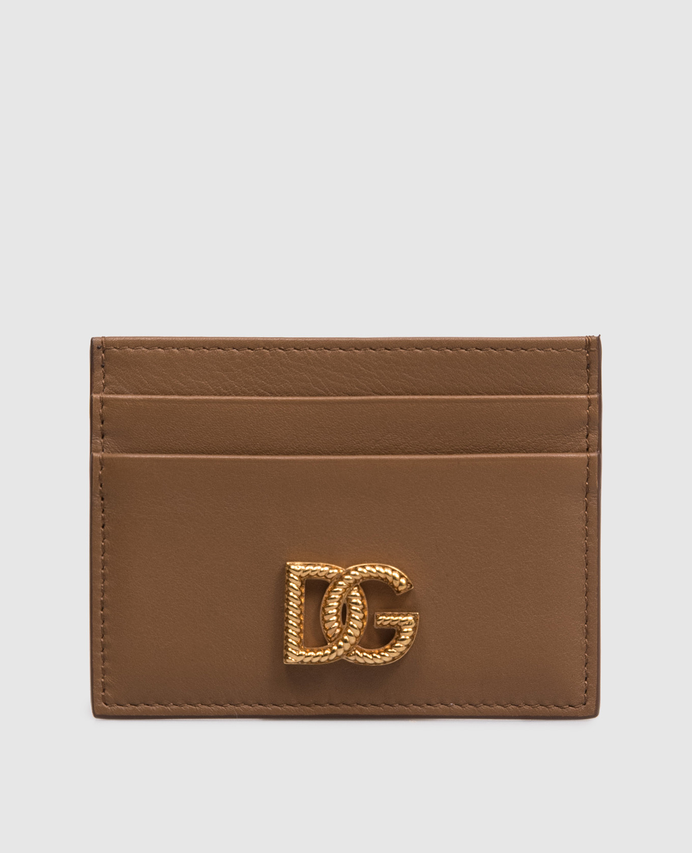 Brown leather cardholder with metal monogram