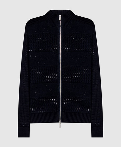 Blauw vest van wol, zijde en kasjmier met pailletten.