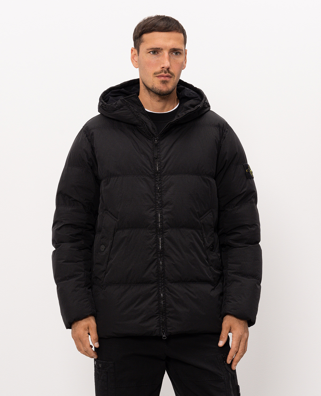Black down jacket with logo patch Stone Island 3