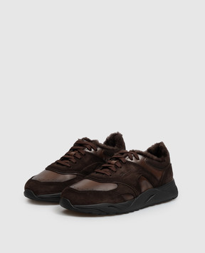 Santoni Brown leather sneakers with fur trim MBIM22112NERPSBB