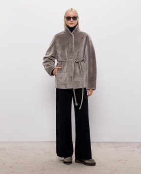 Babe Pay Pls Gray sheepskin coat with belt 2328SETA