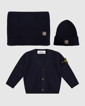 Stone Island Children's blue cardigan, hat and plaid set with wool and cashmere L2S16M200001S0M10