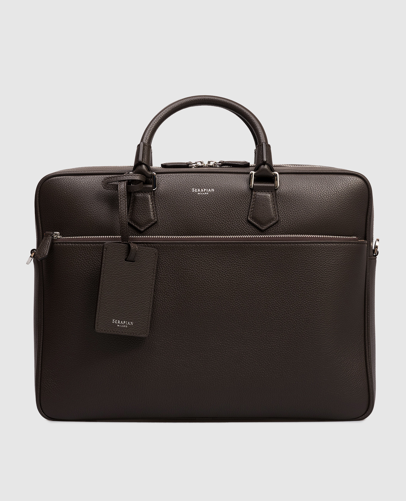 

Brown leather briefcase with logo Serapian