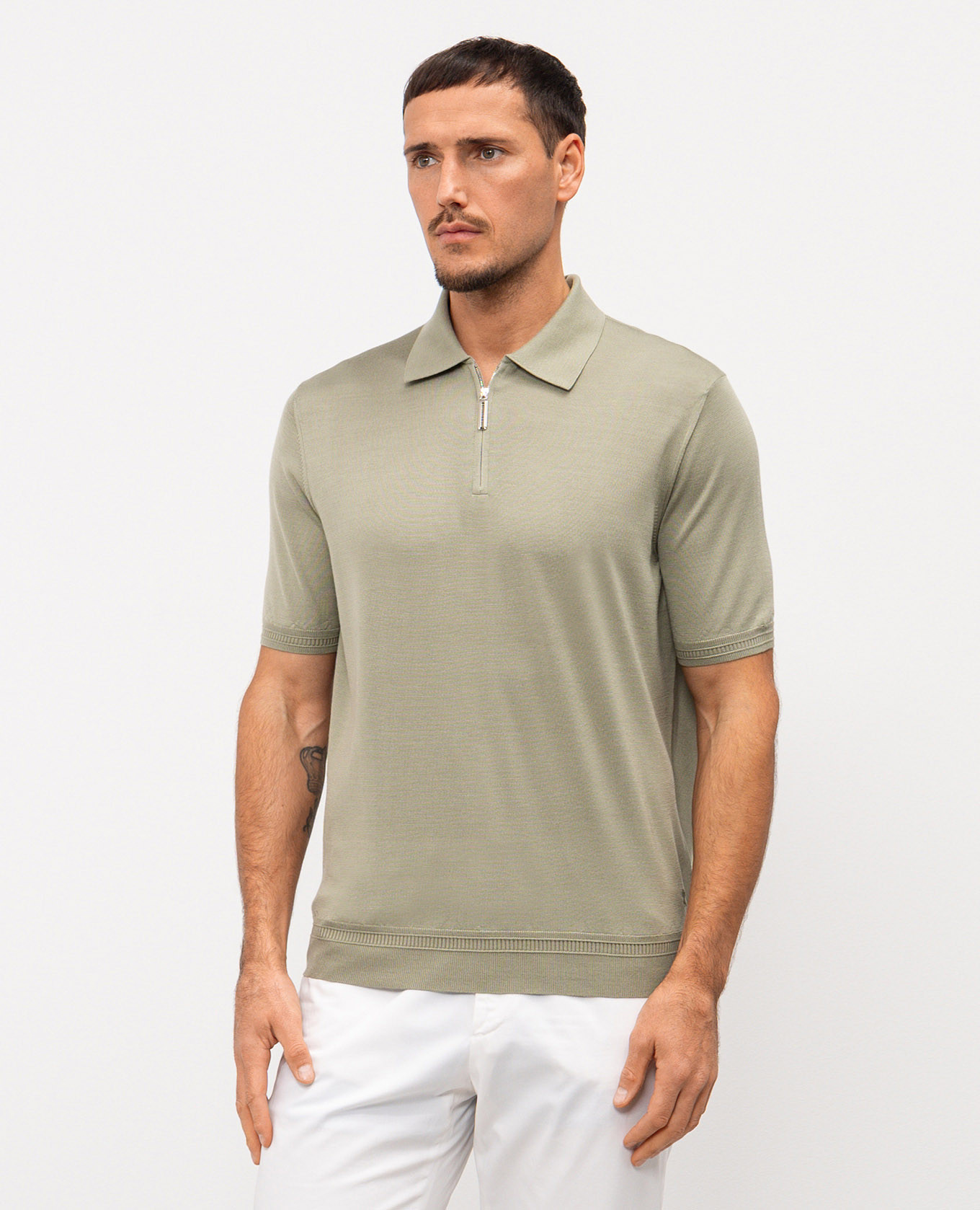 

Khaki silk polo with embroidered monogram logo Stefano Ricci