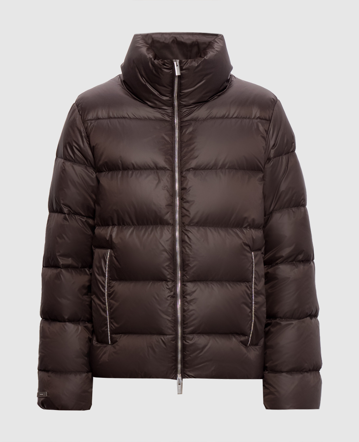 Brown quilted down jacket with monil chain