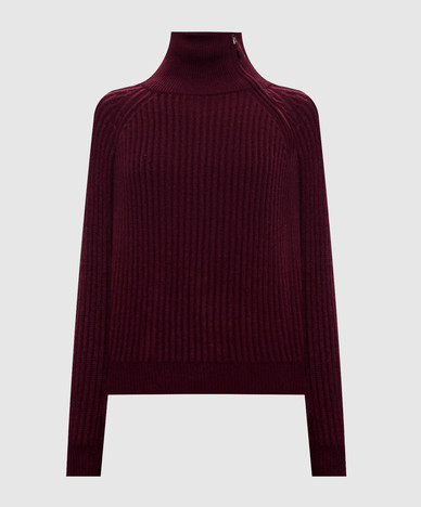 Maglione bordeaux in lana e cashmere con cerniera