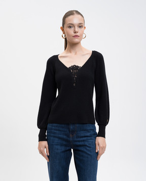 Twinset Black wool pullover with lace 252TT3392