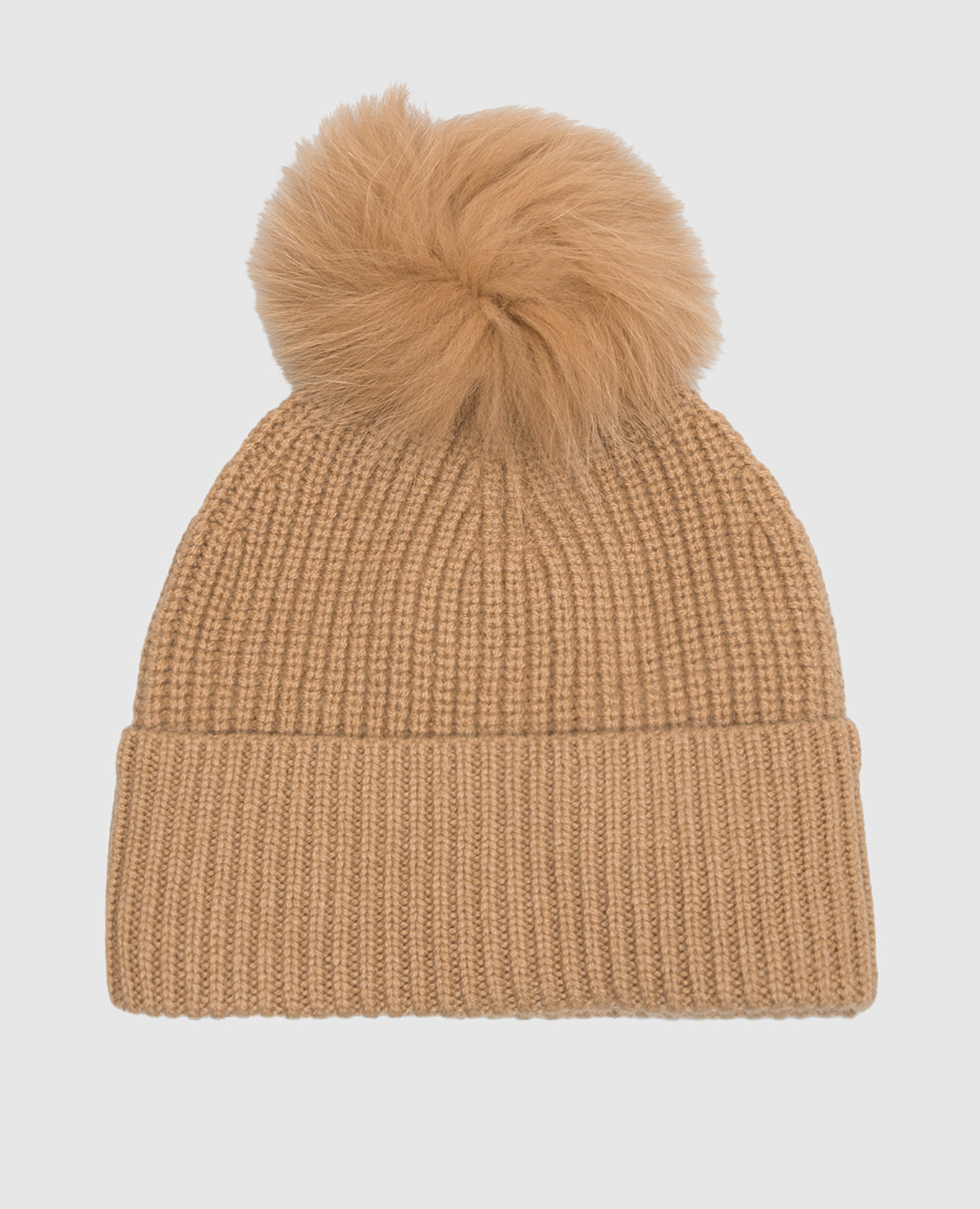 Children's brown cashmere hat with fox fur pompom