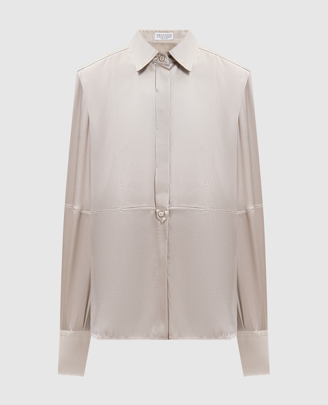 Gray silk blouse with monil chain