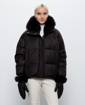 Yves Salomon Brown wool and silk down jacket with fox fur 25WYV09066WO2W