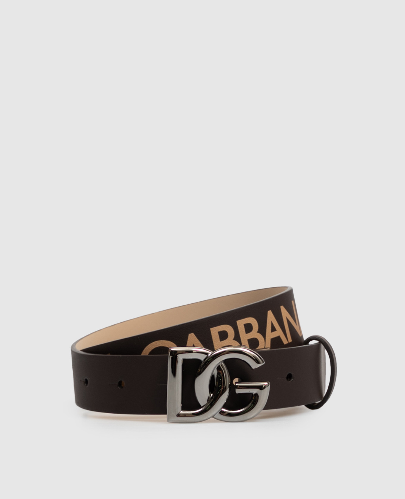 Children's brown leather belt with logo print