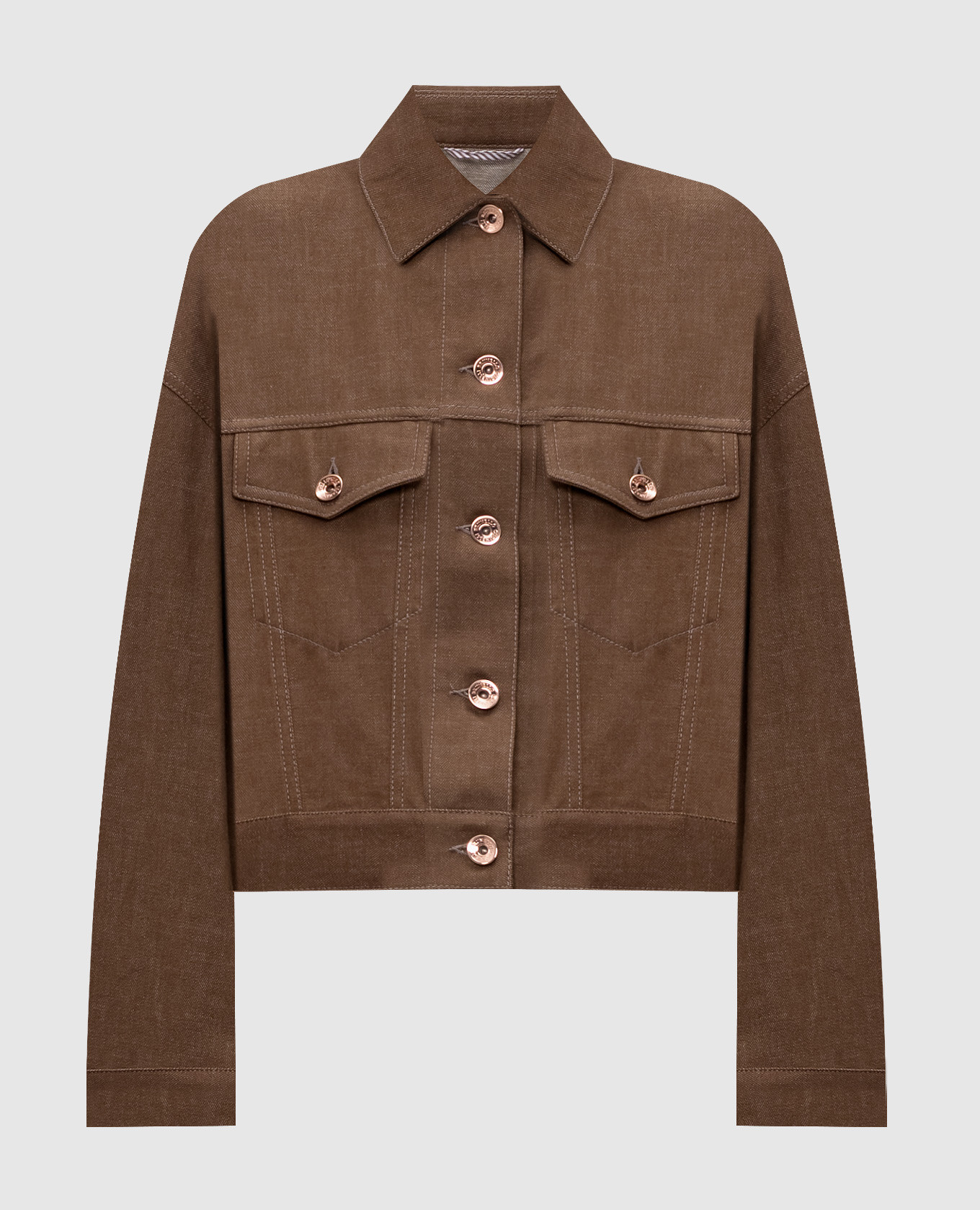 Brown denim jacket with monil chain