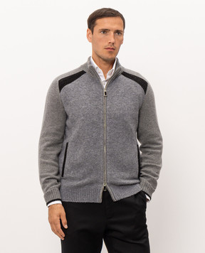 Stefano Ricci Grey cashmere and silk cardigan with crocodile leather K606398N16F26326