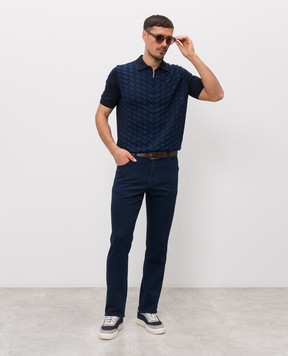 Stefano Ricci Navy blue polo shirt with geometric pattern silk K818115P31F26281