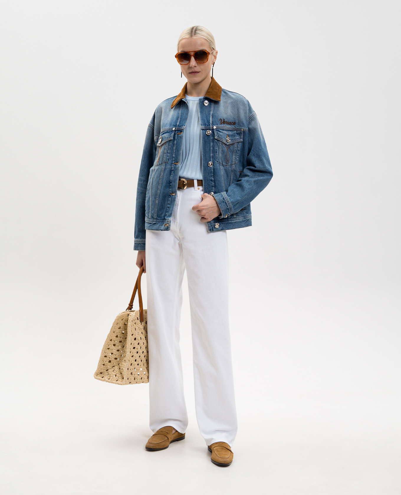 

Blue denim jacket with suede collar Versace