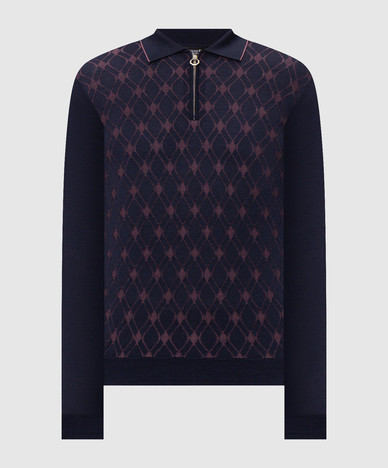 Blue wool, silk and cashmere polo shirt with a pattern