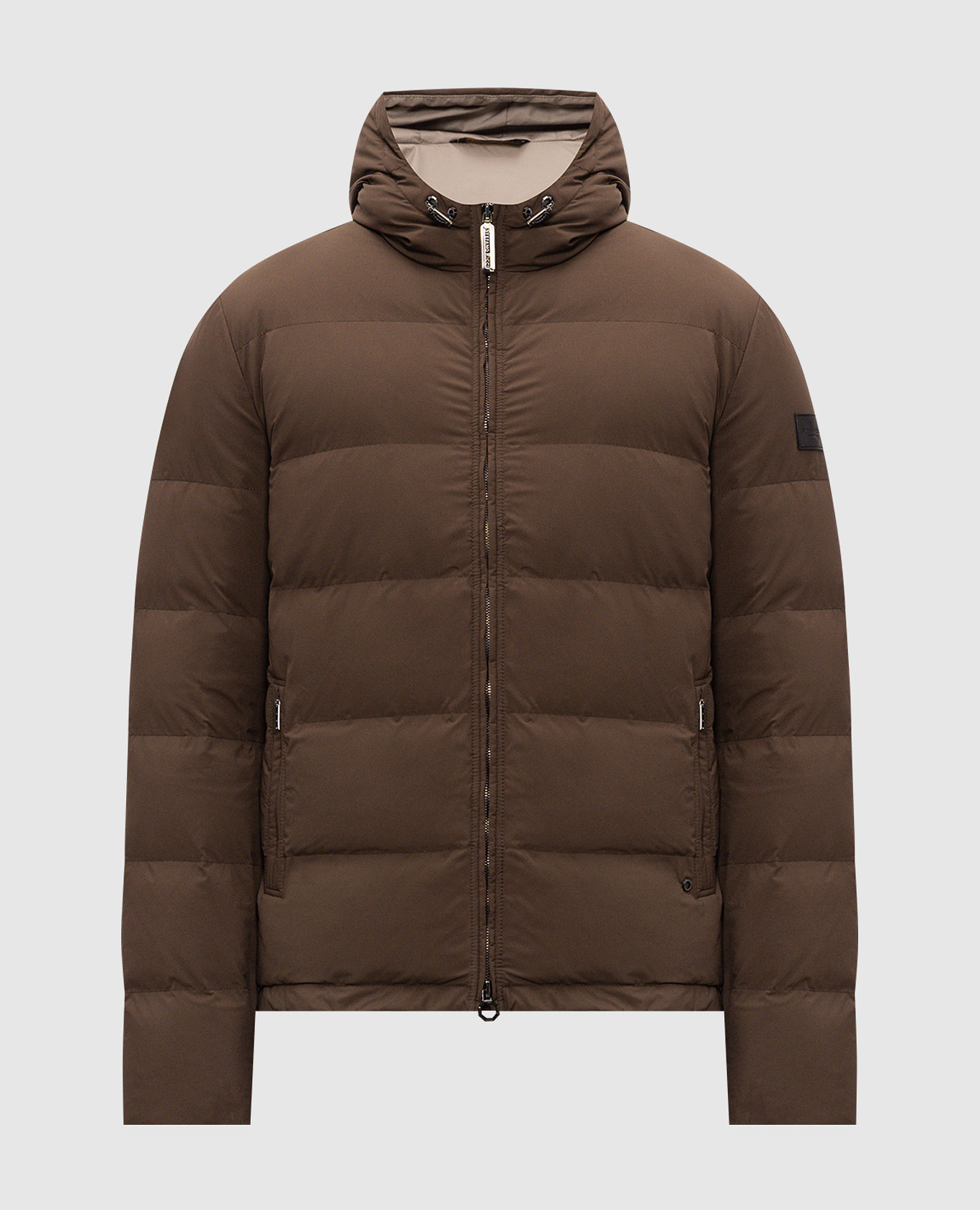 Brown down jacket with logo patch