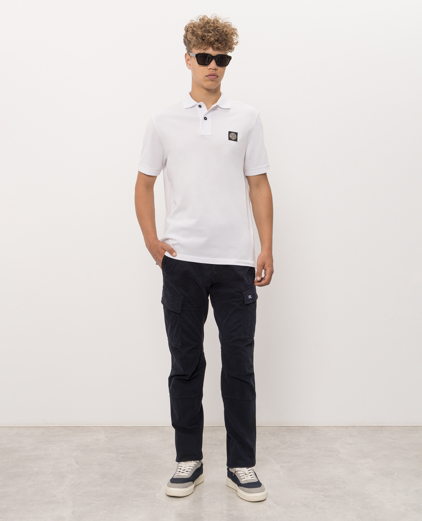 White polo shirt with logo patch Stone Island 2