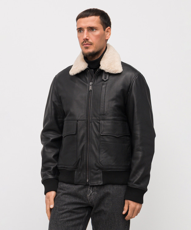 Trussardi - Black leather insulated jacket with fur