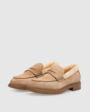 Doucal's Beige suede loafers with fur trim DD8738BRUGUM252