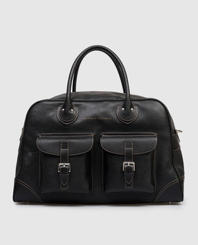 Brunello Cucinelli Black leather travel bag with logo print MBZIBU428