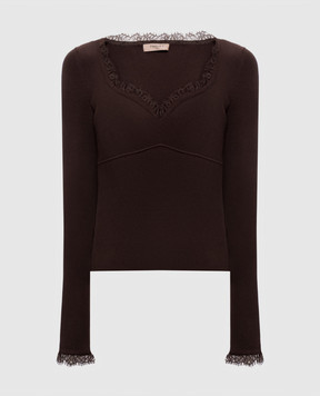 Twinset Brown ribbed jumper with lace 262TP3390