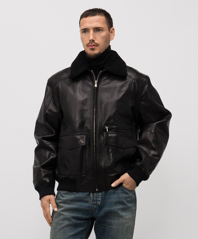 Balmain - Black leather jacket with fur FH0TF998LC62 - shop with