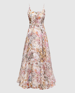 Nissa Beige linen and silk midi dress RC16502