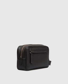 Enrico Mandelli Dark brown leather toiletry bag with textured logo 0BRAND7213