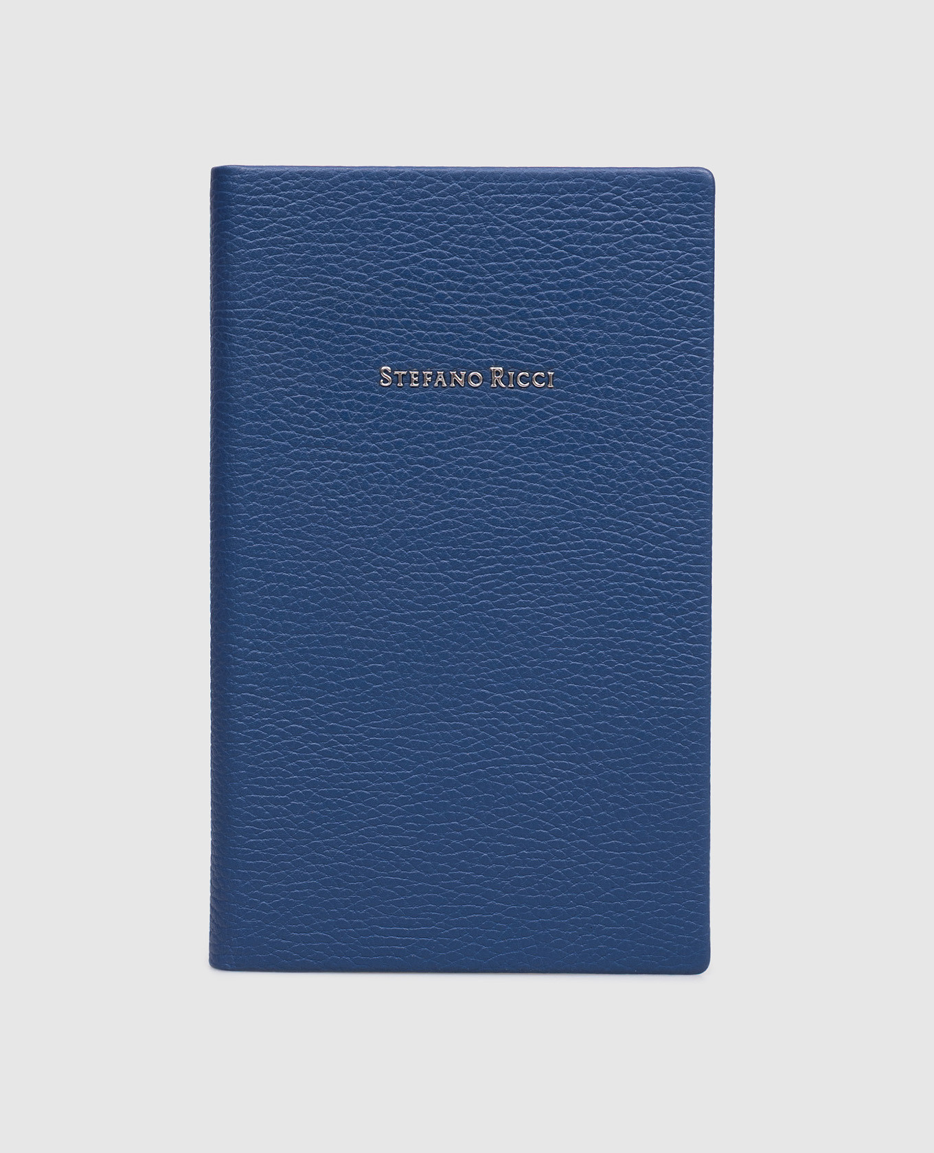 Blue leather notebook with textured logo