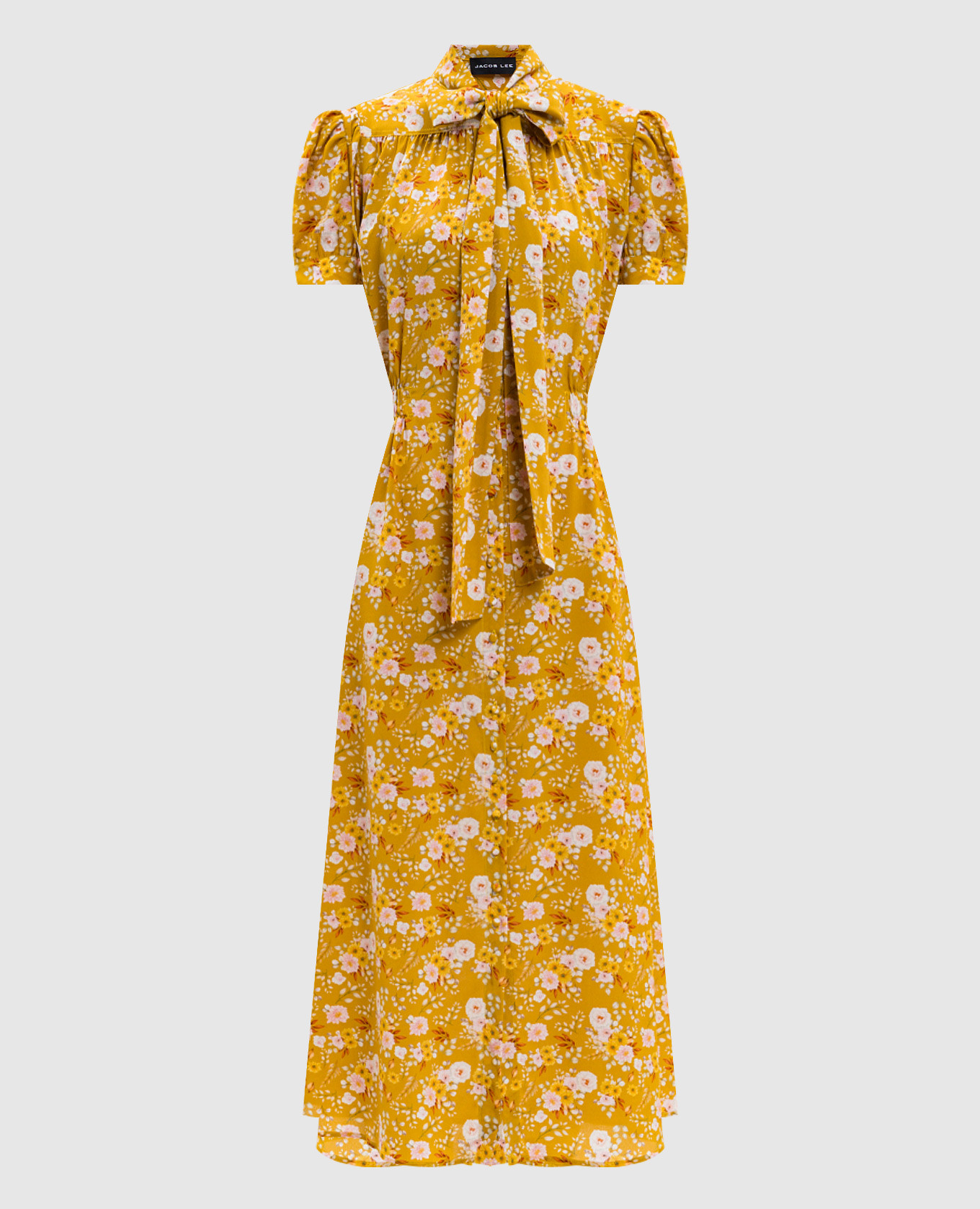 

Yellow floral silk dress with ascot collar Jacob Lee