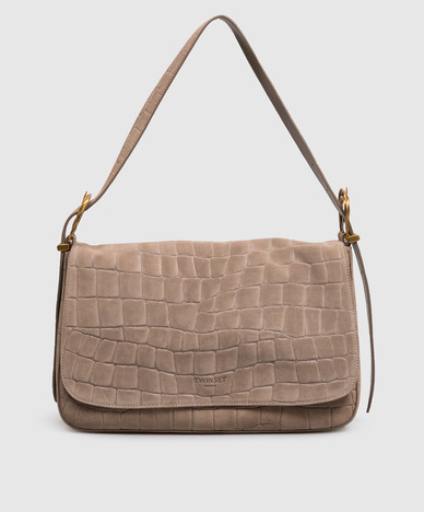 Beige suede bag Liliane with crocodile embossed pattern