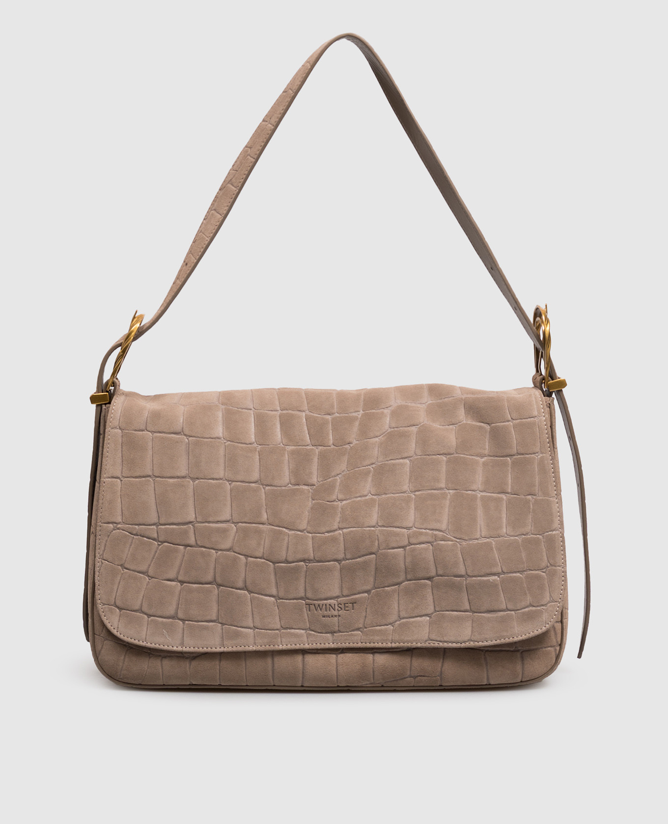 Beige suede bag Liliane with crocodile embossed pattern