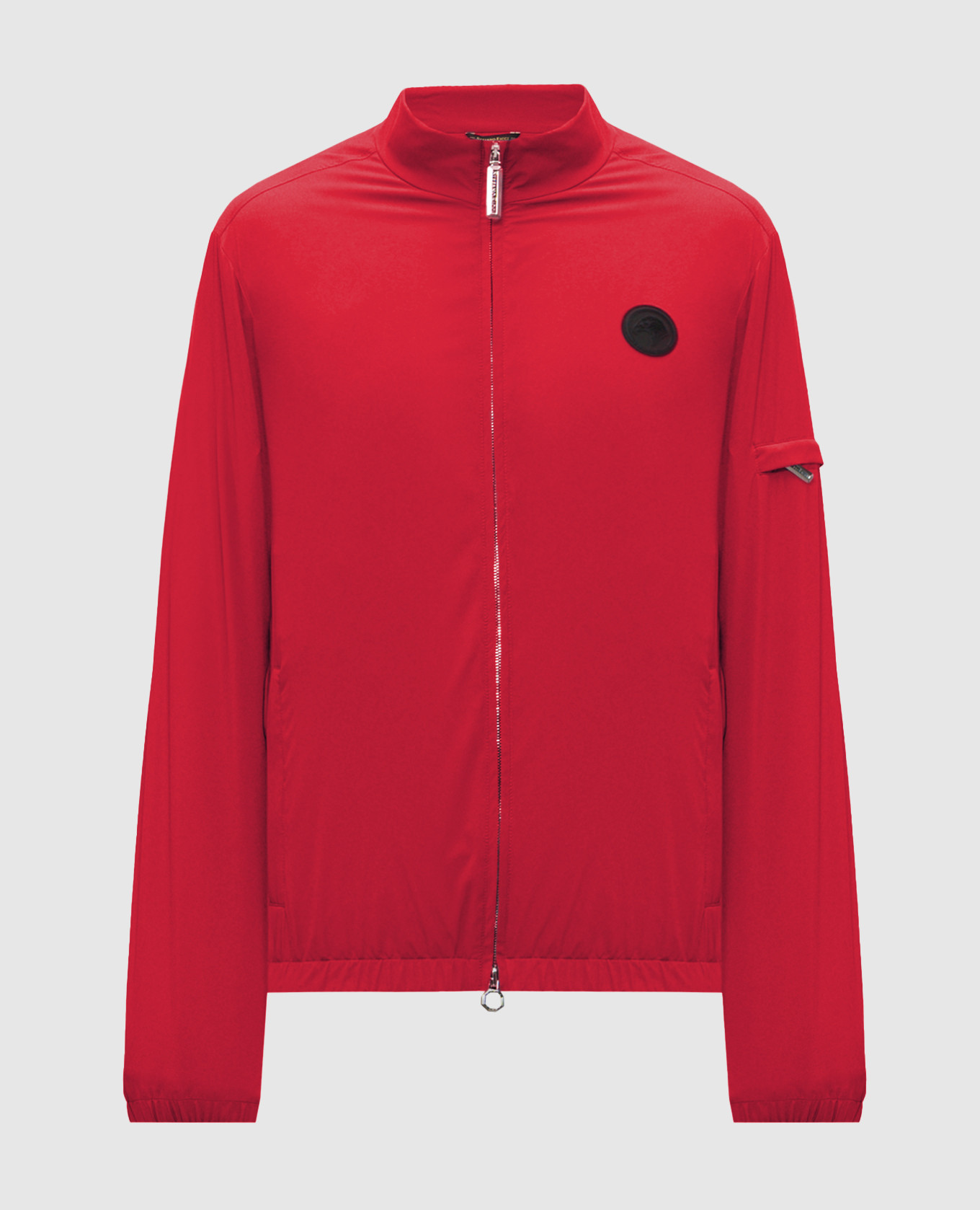 Red jacket with emblem patch