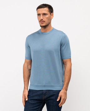 Stefano Ricci Blue silk T-shirt with logo embroidery K616215G10F26101