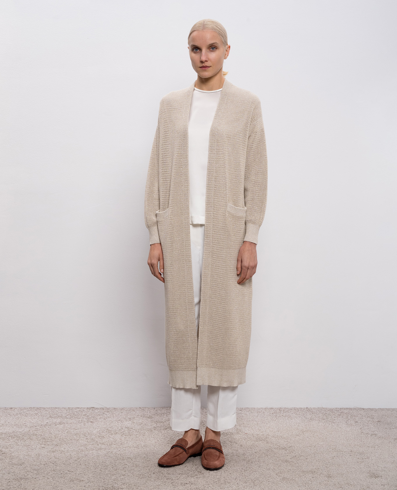 

Beige elongated cardigan with lurex Brunello Cucinelli