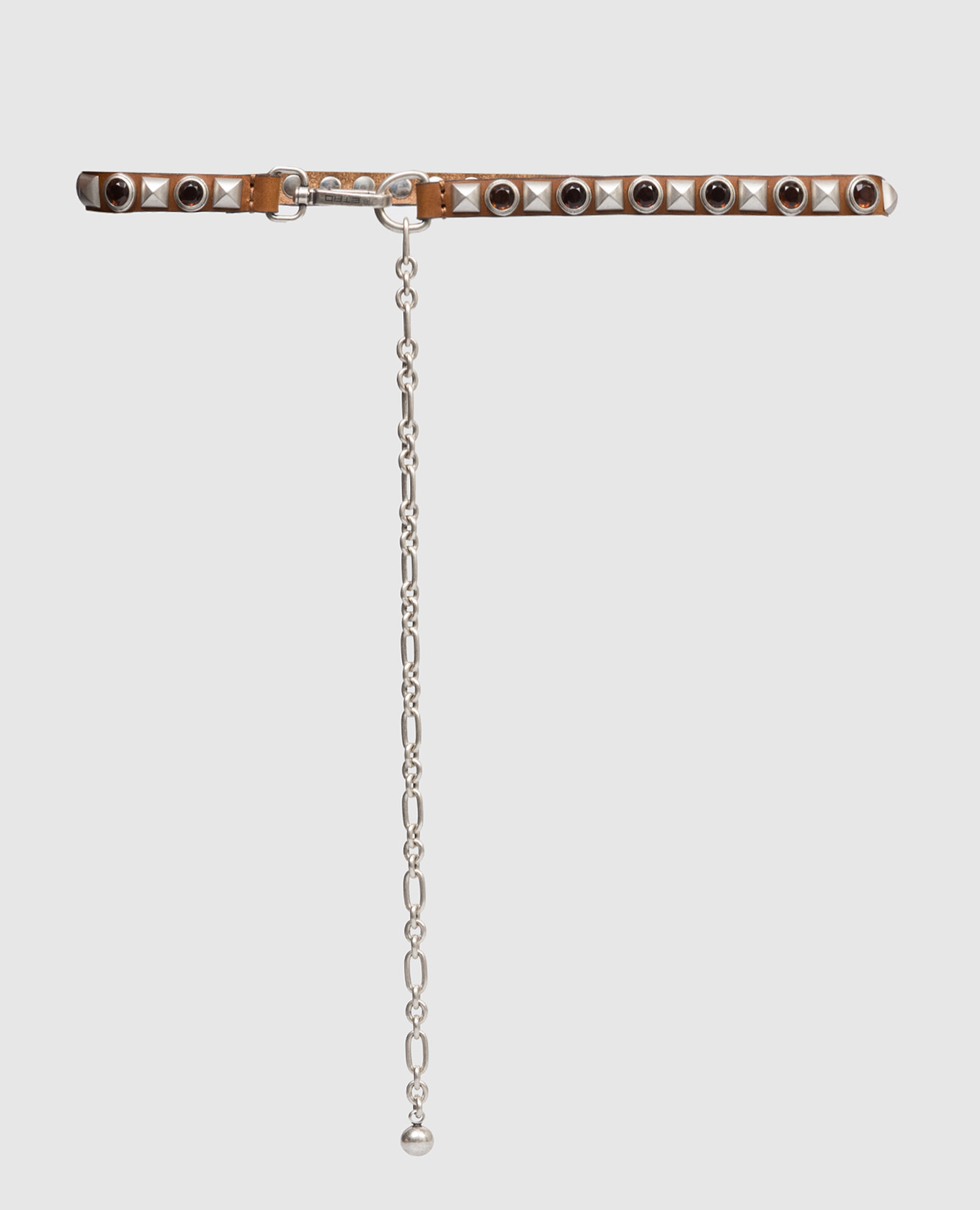 Brown leather belt with crystals and rivets