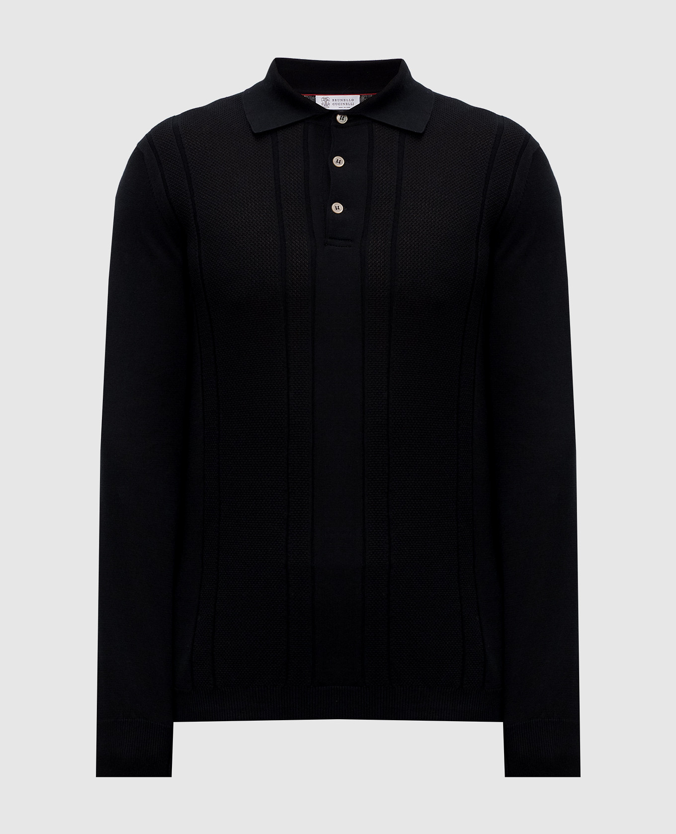 Black cotton polo shirt with woven pattern