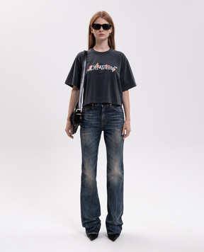 Off-White Grey cropped T-shirt with floral logo print 2FA00640T