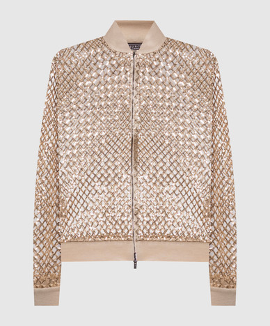 Cardigan beige traforato con paillettes