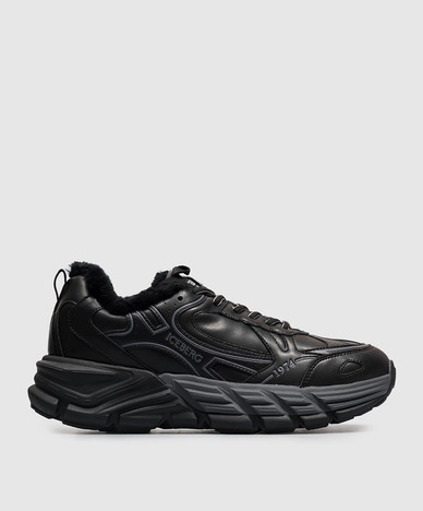 Black leather sneakers with fur trim